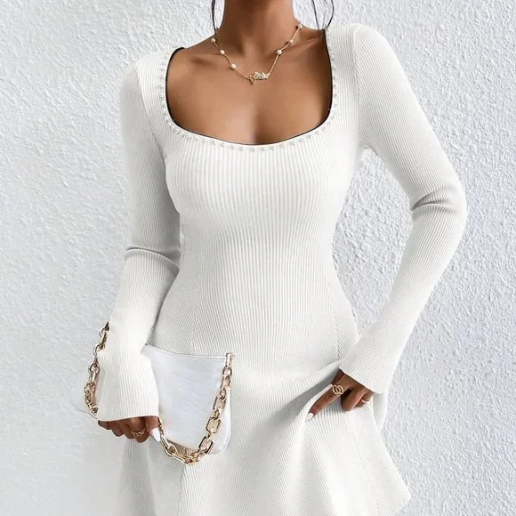 Sweetheart Neck Ribbed Knit Sweater Dress White - Picture 2 of 5